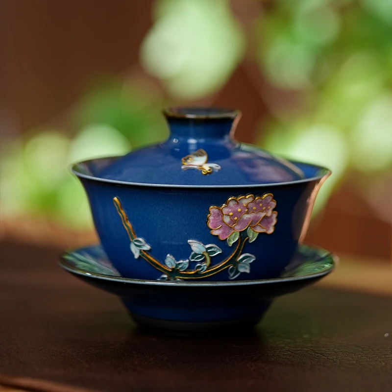 【成艺】景泰蓝掐丝牡丹陶瓷兔毫蓝功夫茶具高端茶器商务送礼礼盒装