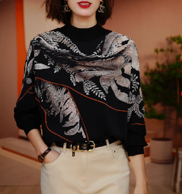 高端长袖时尚上衣女显瘦显白百搭印花圆领减龄