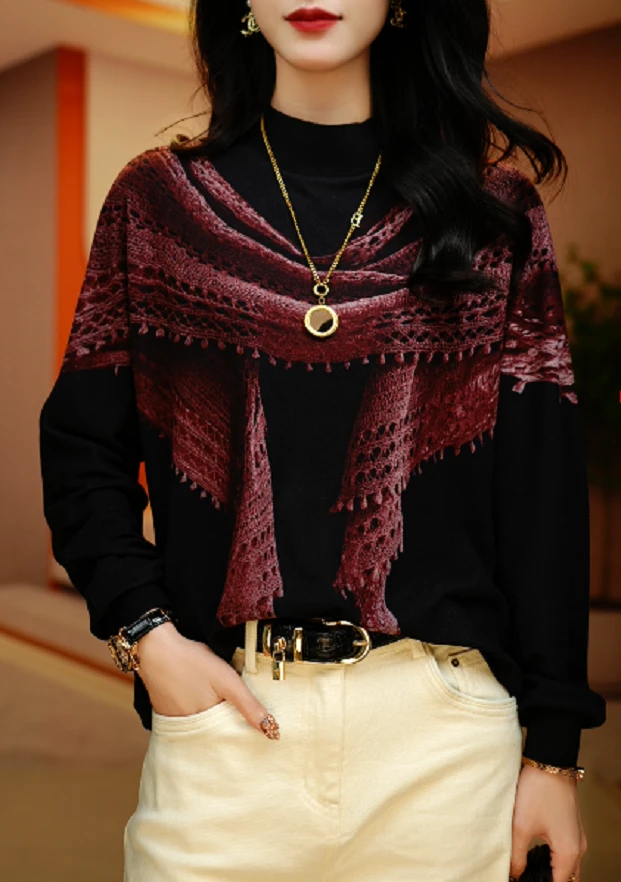 新款高级感海岛棉洋气保暖时尚百搭显瘦圆领上衣秋冬加绒加厚