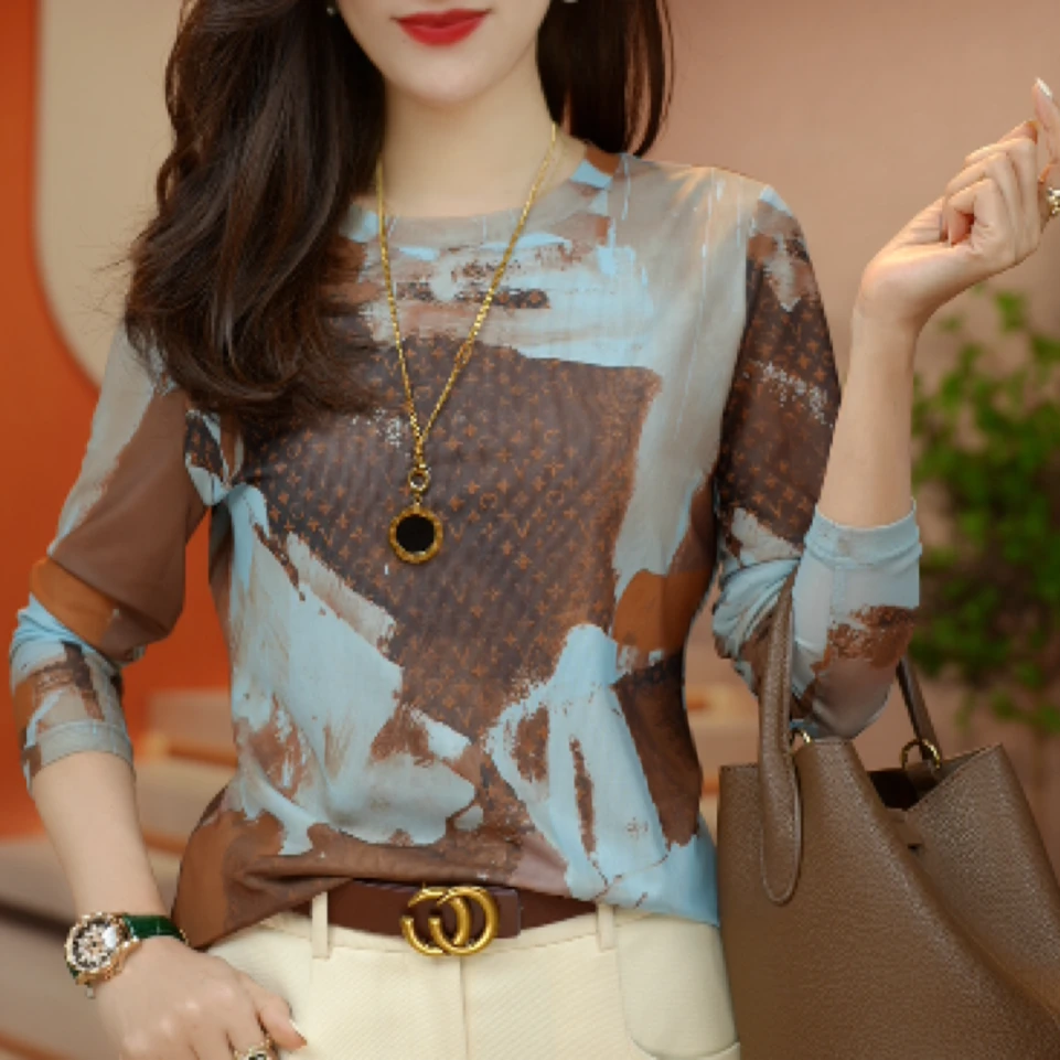 金美 新款肌肤网纱上衣小衫透气双层高级套头洋气气质S23A29