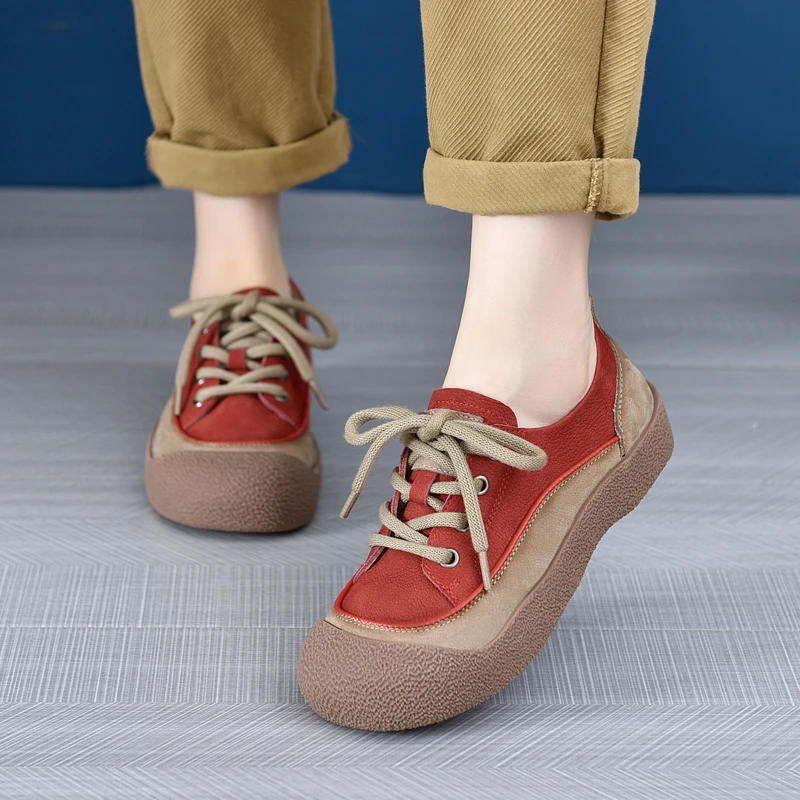 2024秋新款真皮复古系带休闲女鞋防滑耐磨橡胶软底百搭透气单鞋