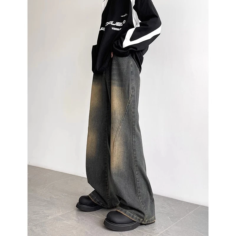 美式复古cleanfit牛仔裤男秋冬水洗做旧微喇裤潮牌高街拖地长裤