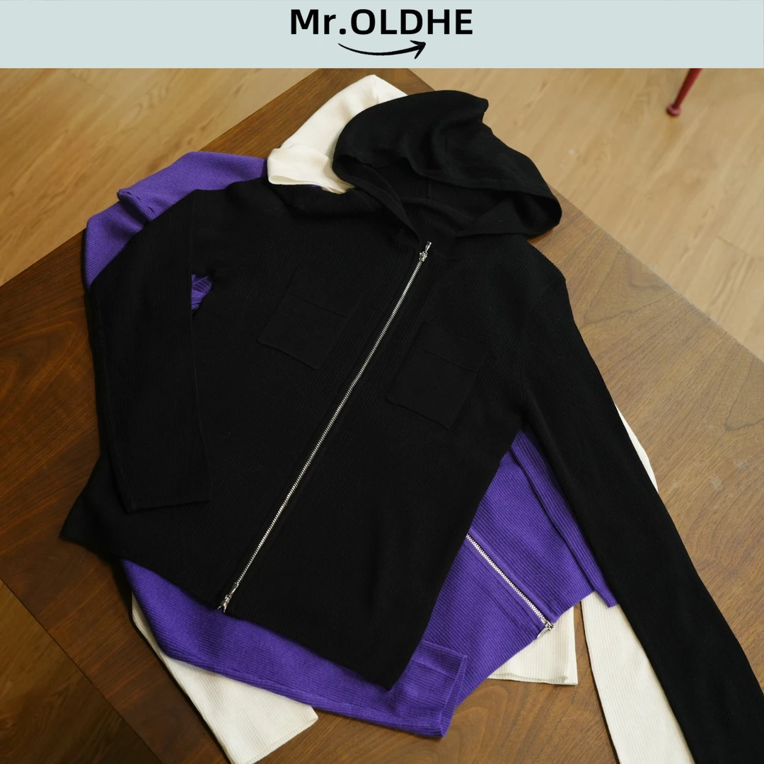 三色柔软竖坑条休闲针织长袖连帽开衫