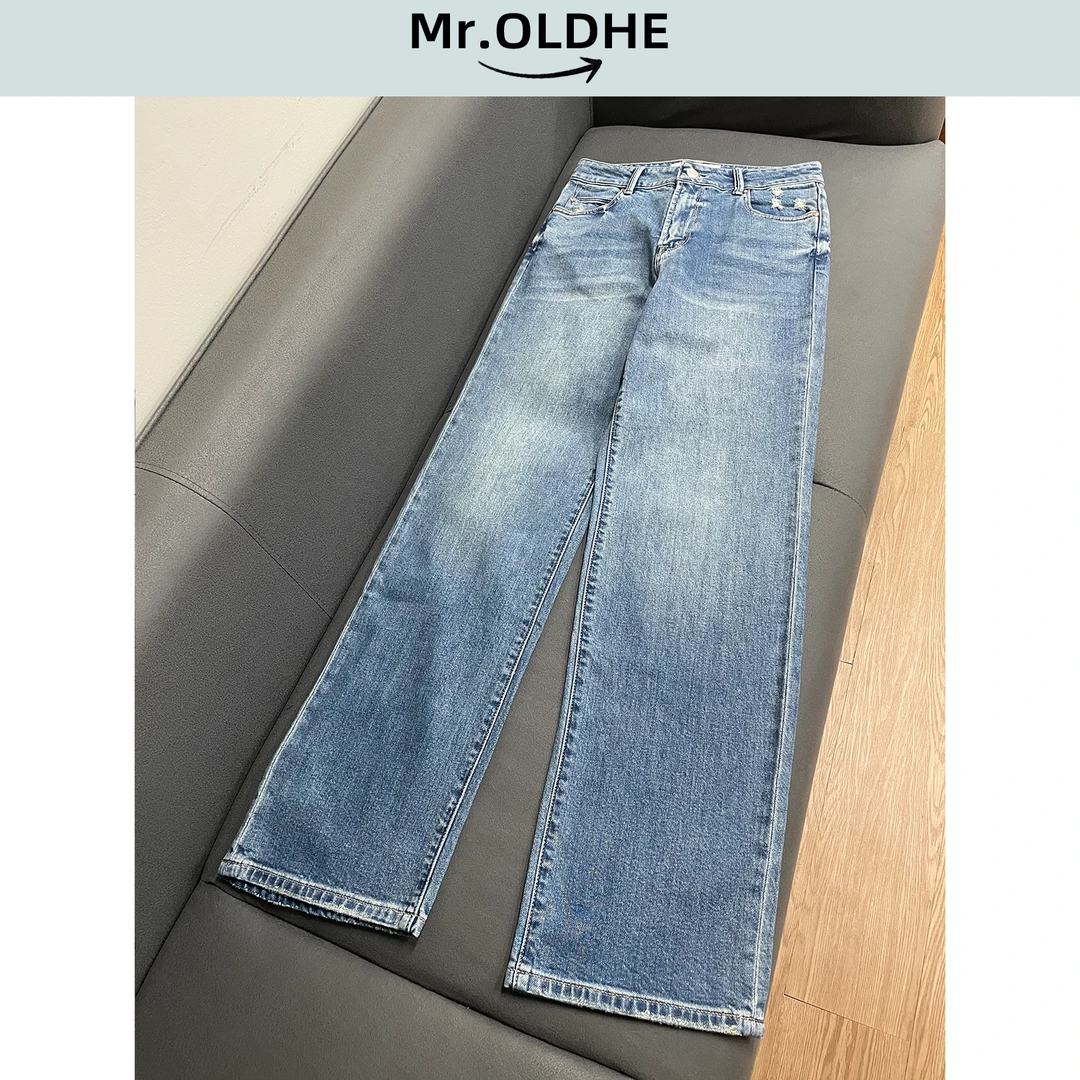 蓝色口袋破洞百搭直筒高腰牛仔裤