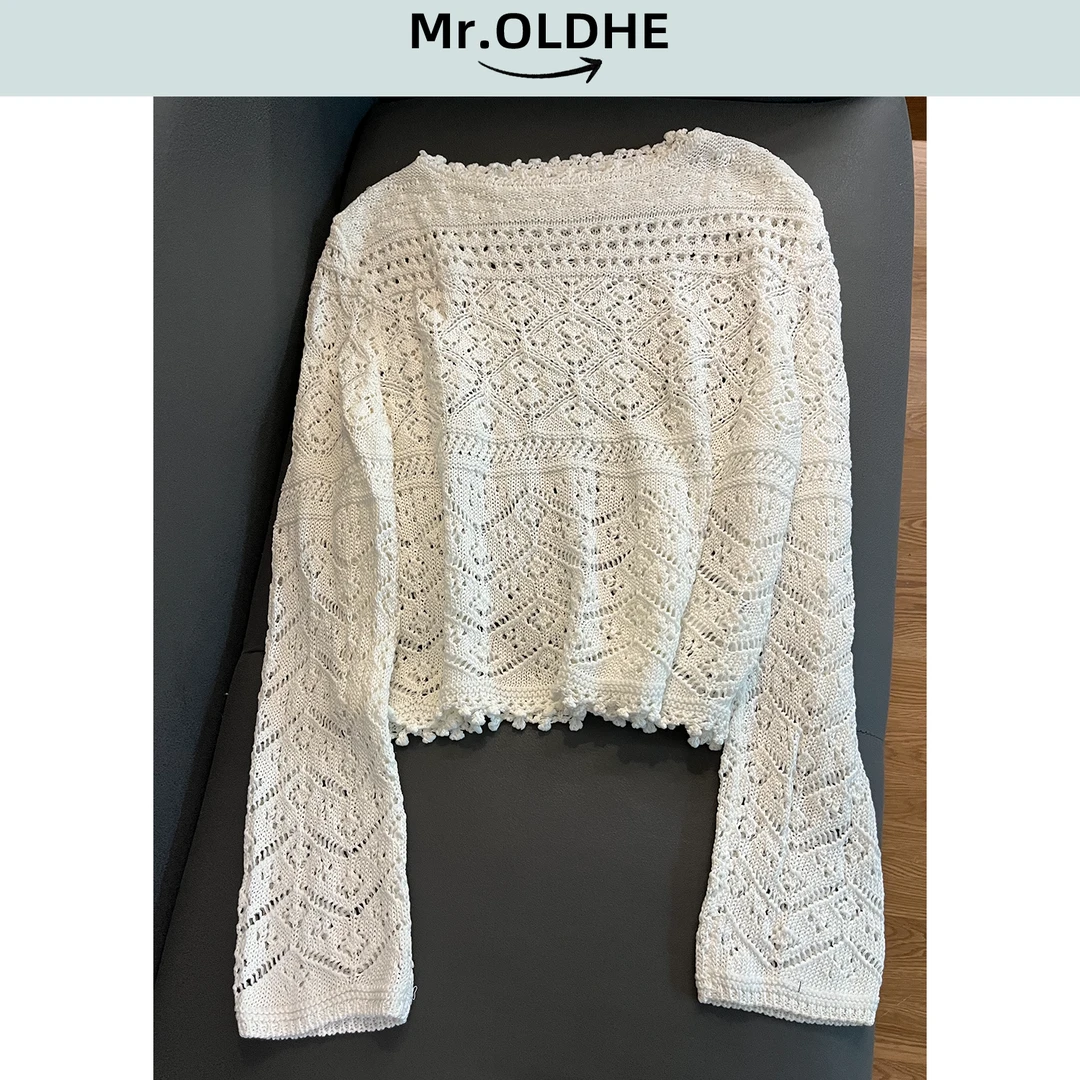 白色长袖休闲镂空亚麻蕾丝上衣