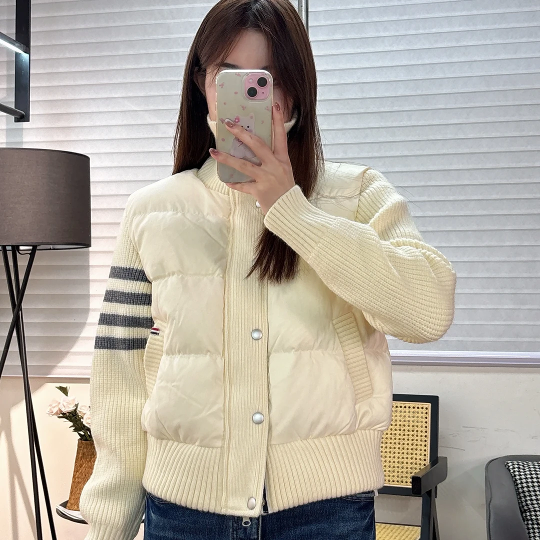 两色时尚拼色拼接针织夹克短款保暖羽绒服