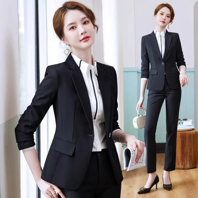 黑色职业套装女春秋气质商务工装学生面试正装西装外套前台工作服