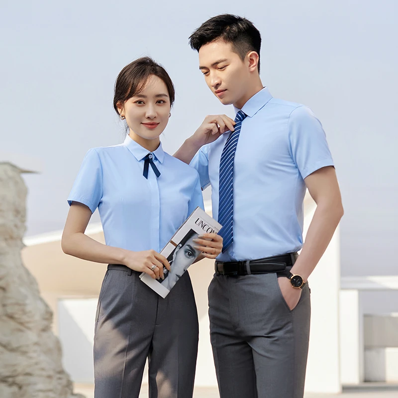 男女同款浅灰职业衬衫长短袖套装地产衬衣4s店工作服定制刺绣LOGO