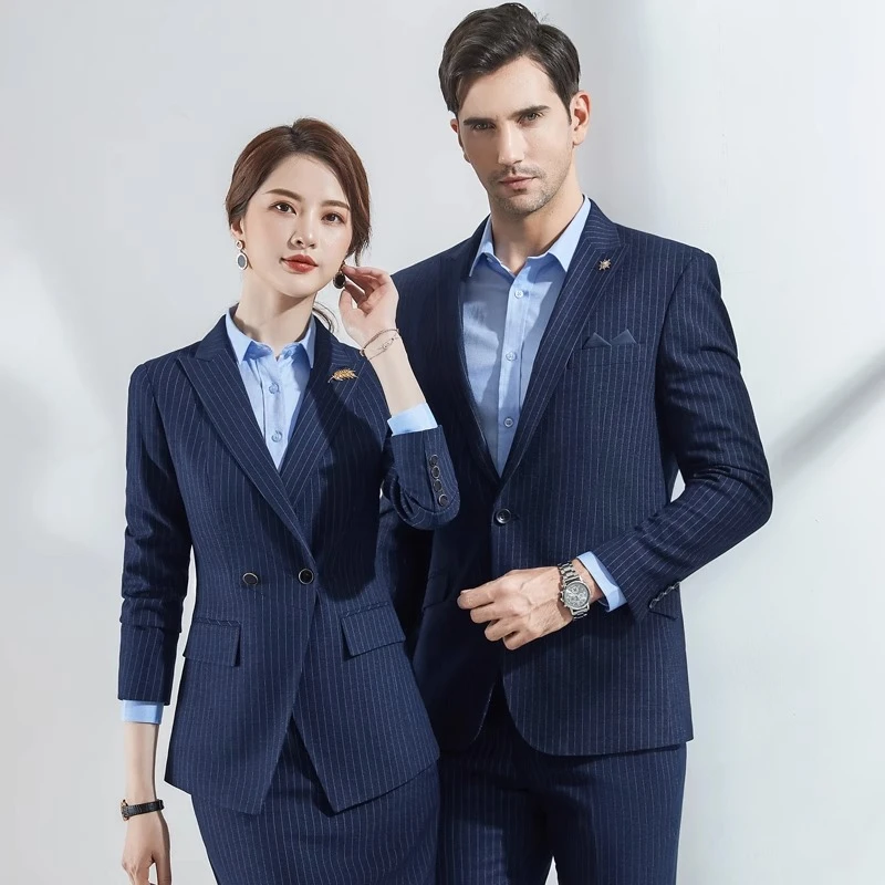 高端条纹西服套装男士商务正装礼服修身职业装男女同款西装工作服
