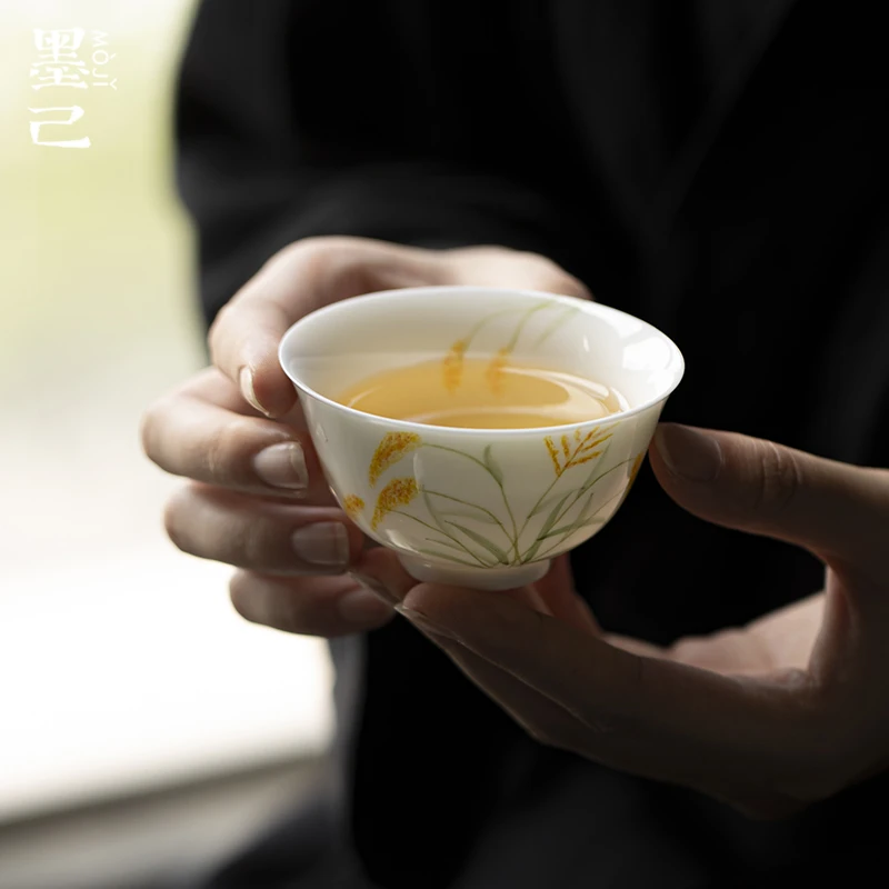 墨己 玉泥-雅颂茶杯-金穗摇曳陶瓷中式手绘釉下主人杯