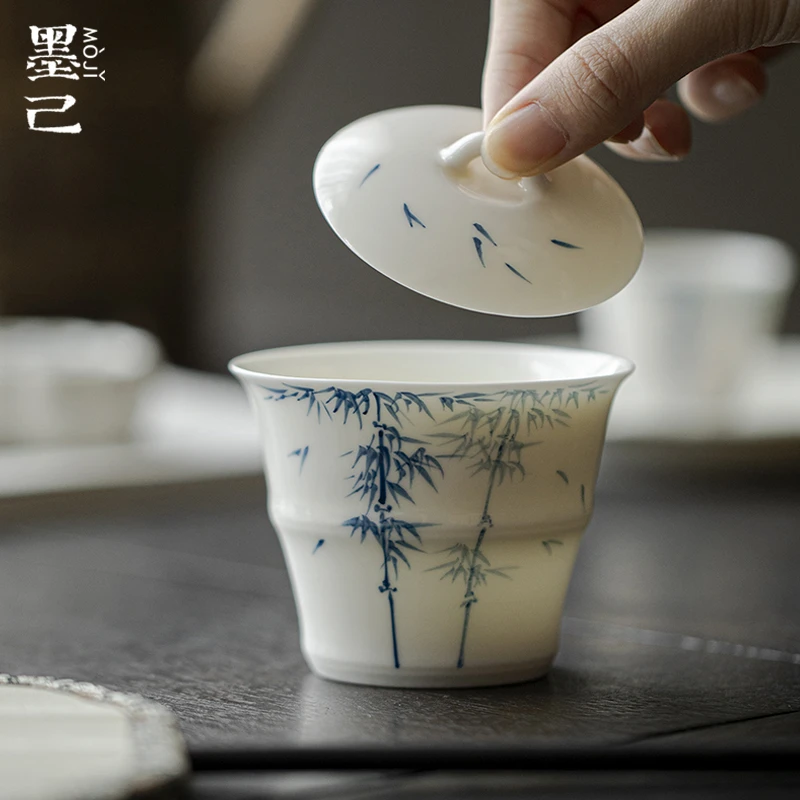 墨己-玉泥-青花竹逸-竹节盖碗