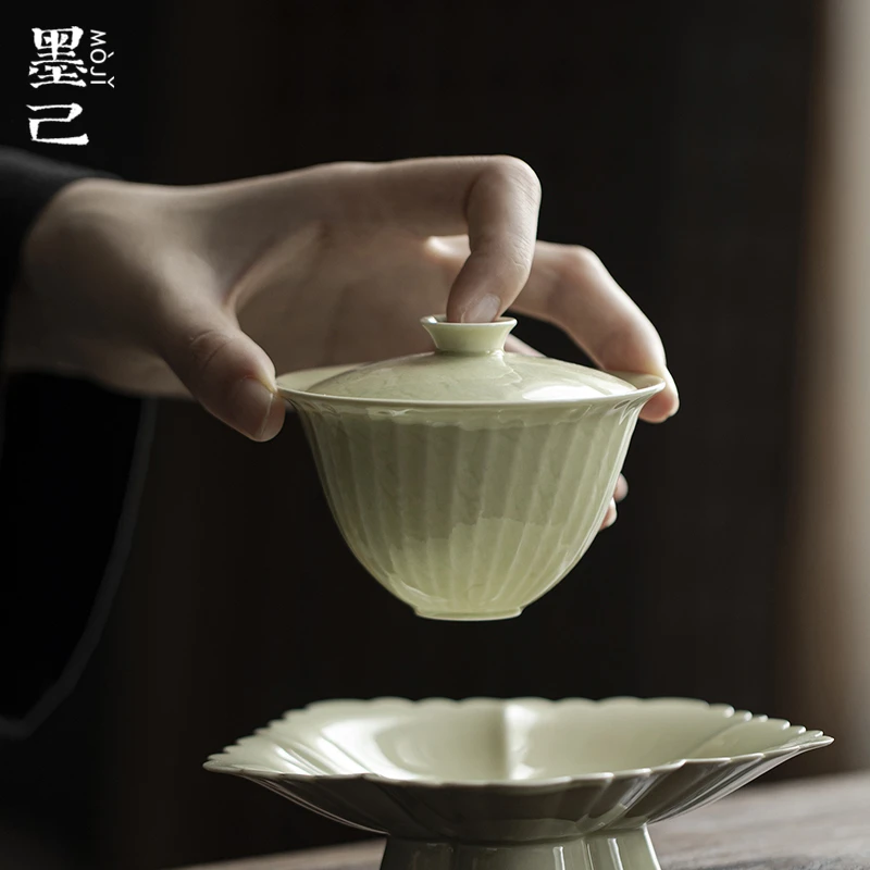 墨己芦苇青-竖纹盖碗