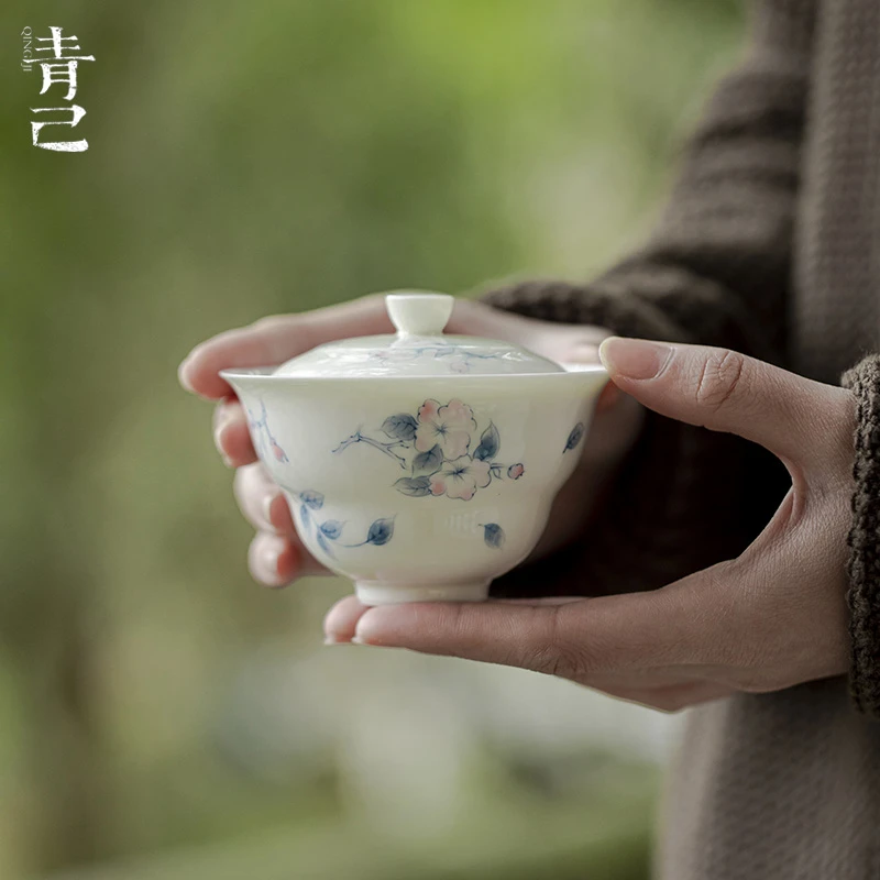 青己手绘花边壶承功夫茶具青花釉下彩海棠朵朵茶道配件多用陶瓷盘