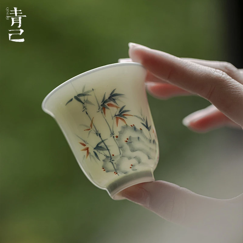 青己-玉瓷-苍竹点金-舍予功夫家用釉下彩竹子品茗杯文人器单杯