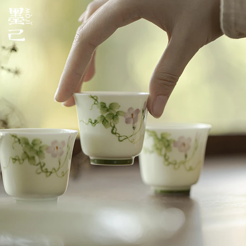 墨己 小苍翠-逸文品茗杯-晨露朝颜中式精工手绘釉下彩