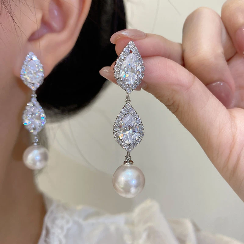 铜合金合成锆石耳饰 超闪菱形锆石珠珠长款耳环时尚大气轻奢耳饰