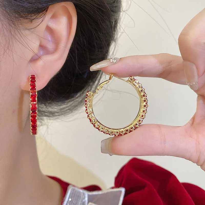 铜合金合成锆石耳饰 欧美风红色锆石大号经典耳圈小众高级感耳环