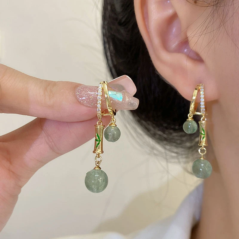 铜合金合成锆石耳饰 新中式复古民族风竹节珠珠吊坠耳扣耳环饰品