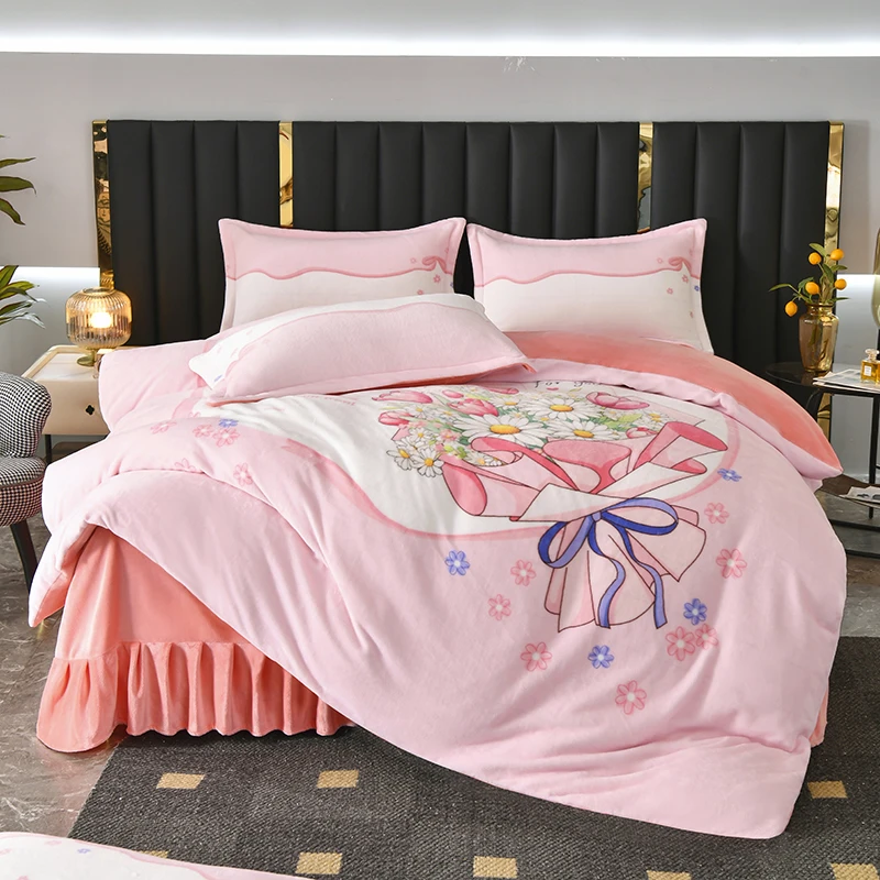 （爆款升级）新品冬天加厚加绒被套抗静电牛奶绒床裙款双面绒套件