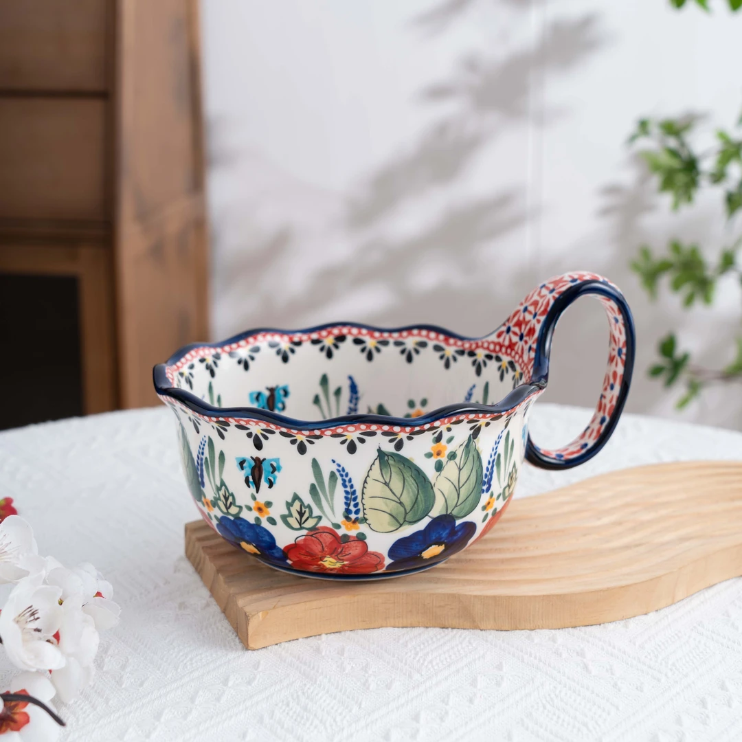 【张小北专属】西里西亚加厚轻奢手绘9寸手工陶瓷花边曲把碗三件套