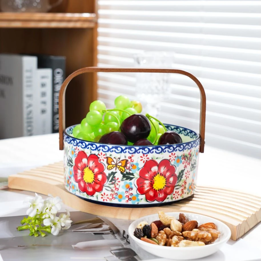 【西西利亚】手绘轻奢陶瓷秋冬家居6寸带手提陶瓷果篮