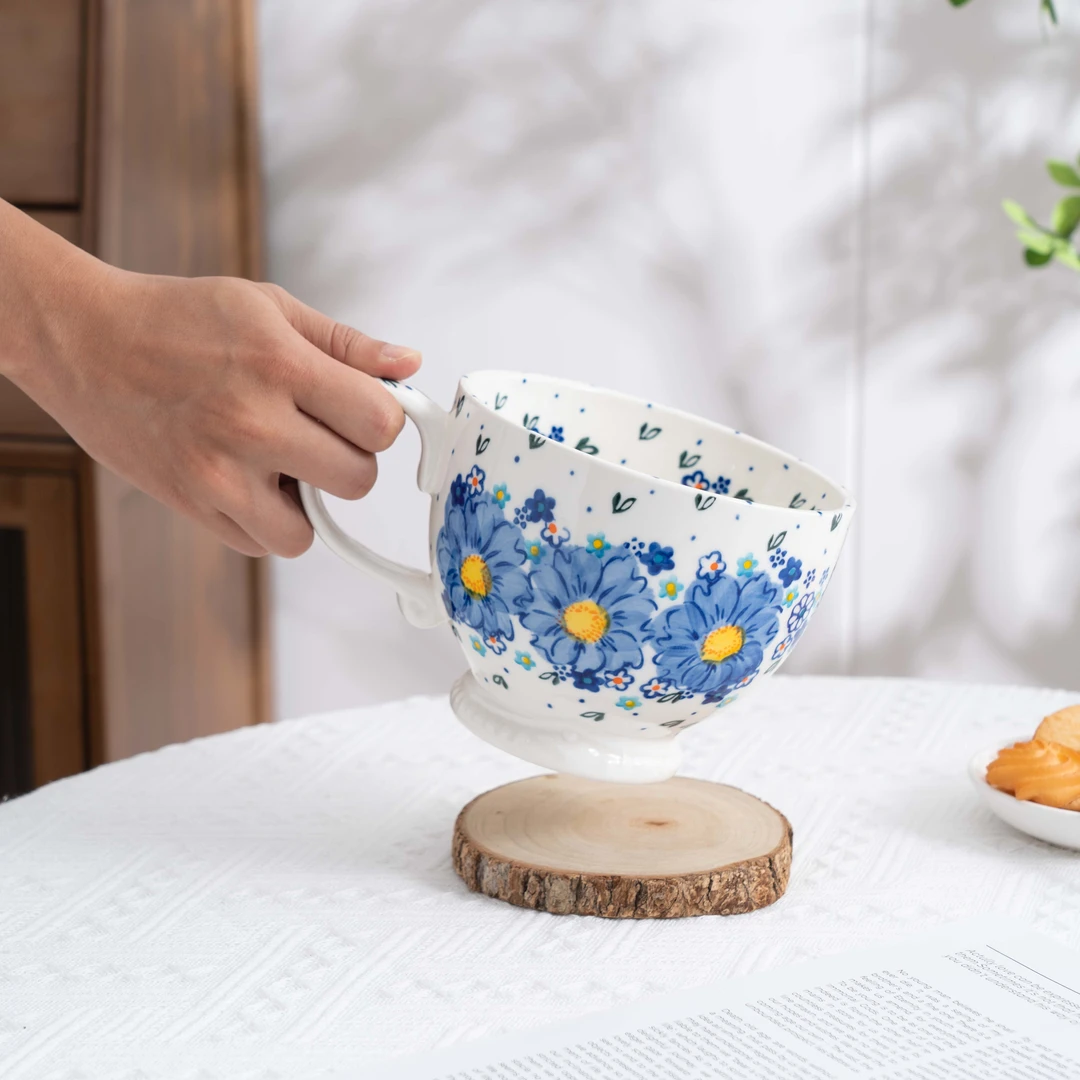 【勿忘我】加厚耐磨轻奢手绘680ml欧式复古家用陶瓷早餐杯三件套