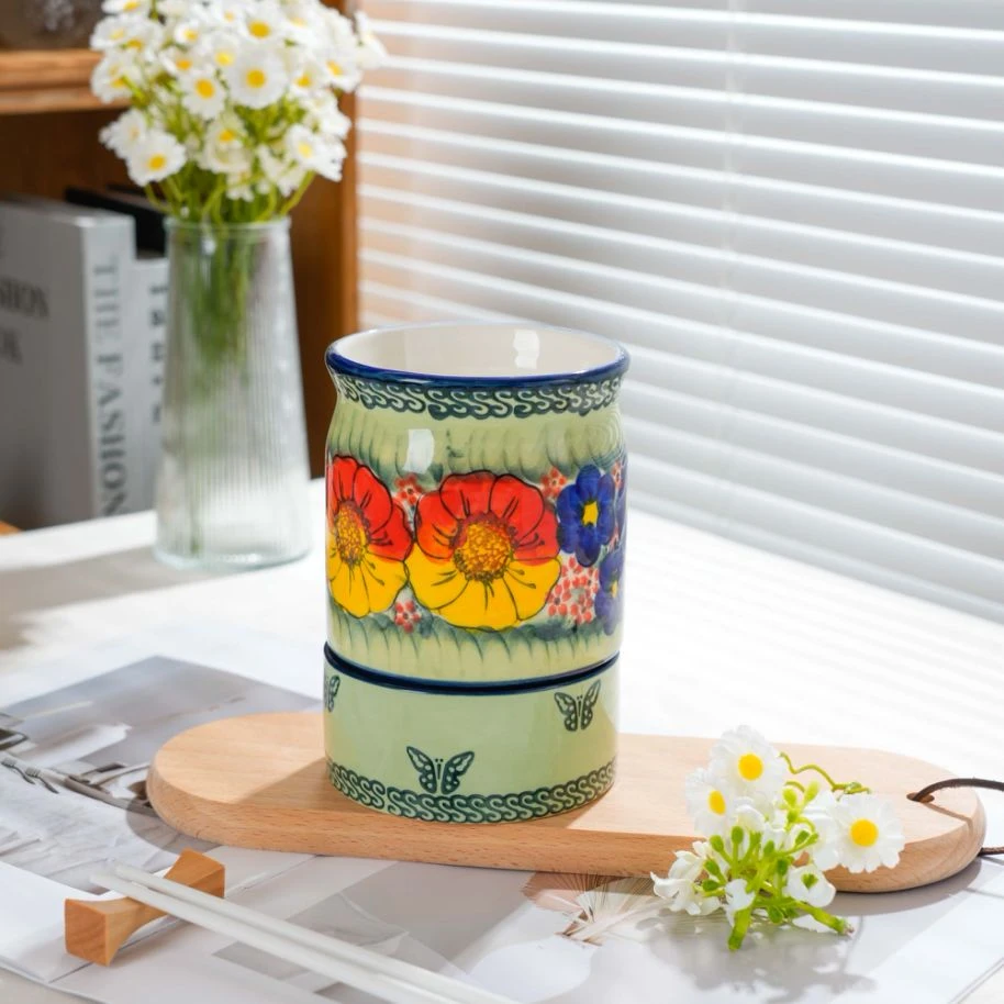 【莫妮卡】新疆包邮 手绘轻奢家用陶瓷筷子筒带底托大容量复古