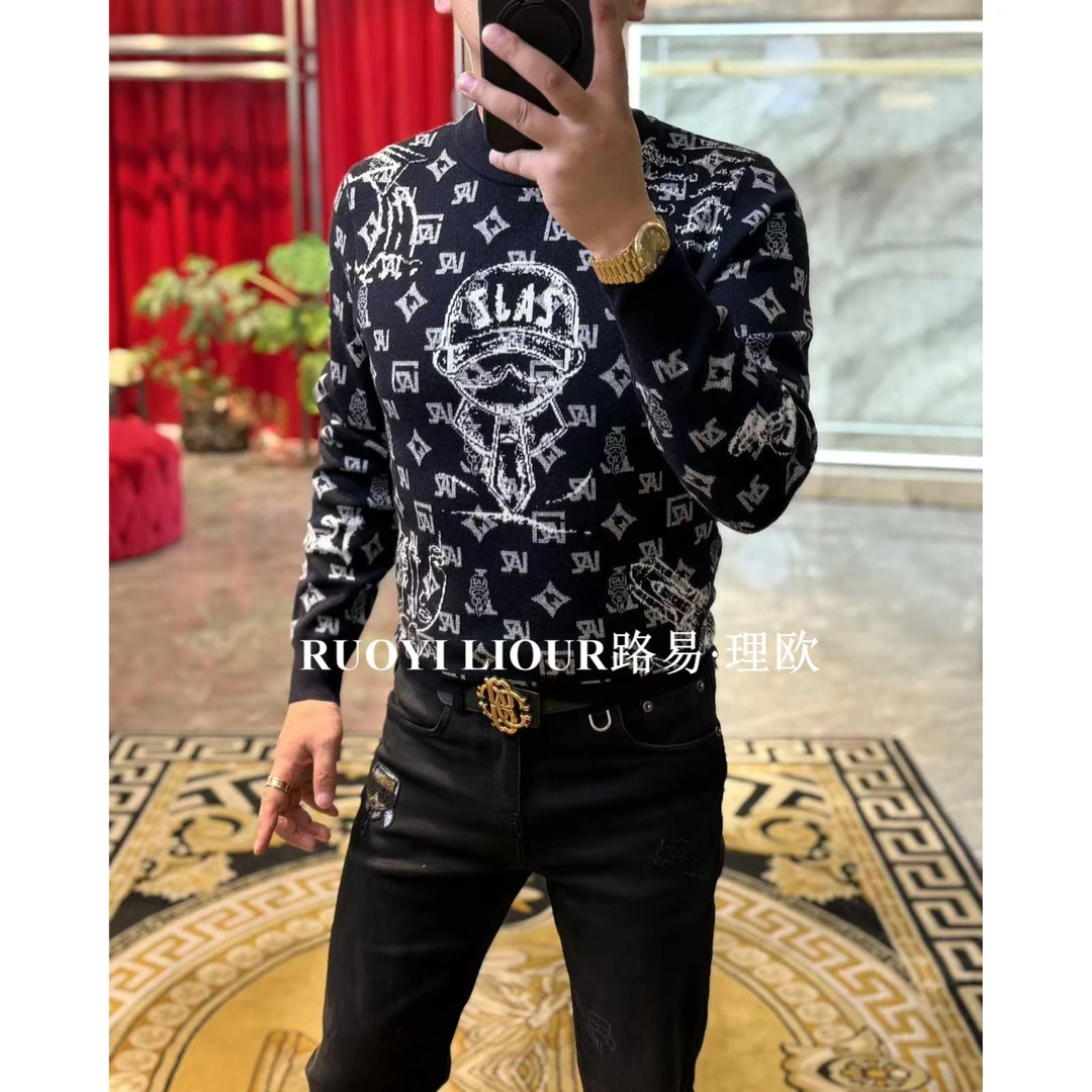 【路易理欧】中年男士秋潮休闲小老头潮流印花字母休闲针织衫00764