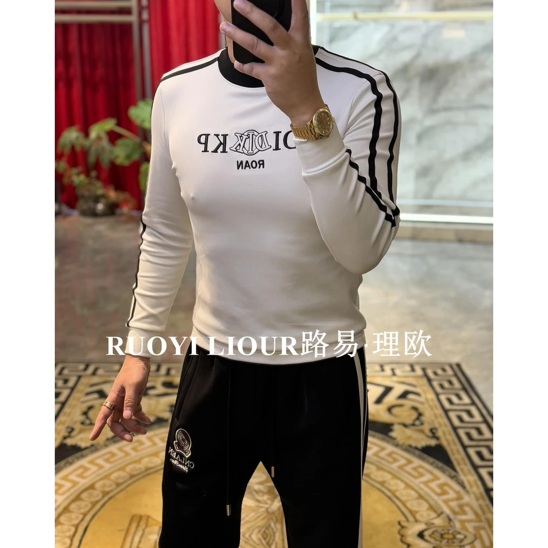 【路易理欧】潮流男欧货时尚简约DIK条纹休闲百搭秋冬T恤01048