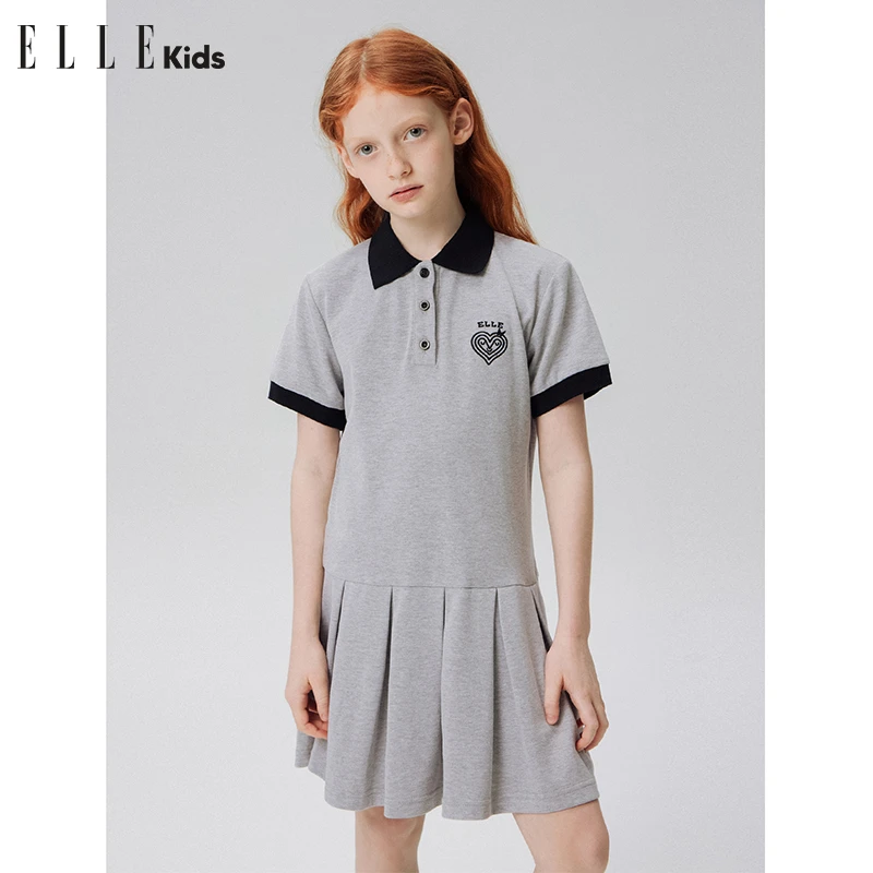 ELLE KIDS夏季女童装时尚休闲学院风宽松polo领连衣裙zs