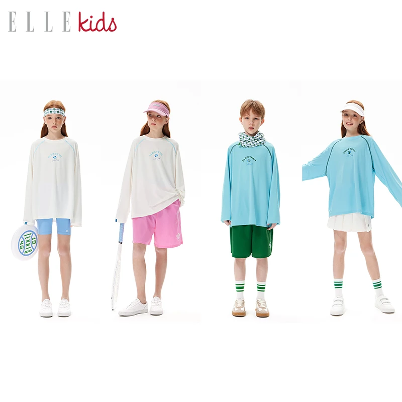 ELLE KIDS透气凉感长袖T恤男女童春插肩袖印花打底