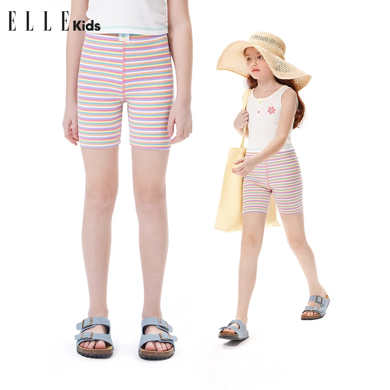 ELLE KIDS彩虹糖五分条纹打底裤女儿童春夏多巴胺竖坑条短裤A2