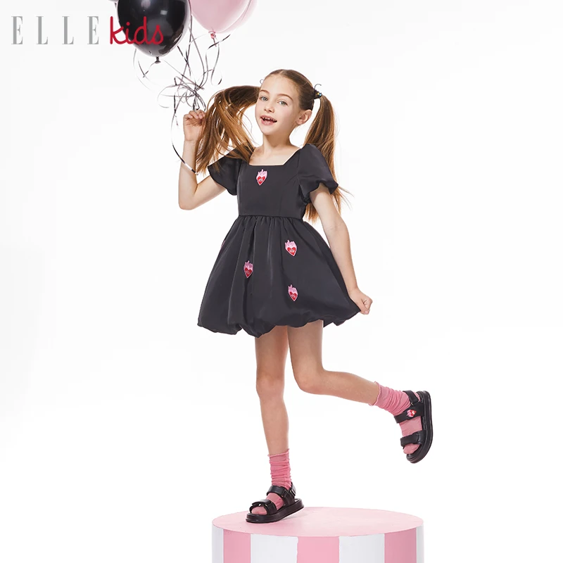 【ELLEkids】仿醋酸双面缎长裙女儿童夏季新款泡泡袖连衣裙