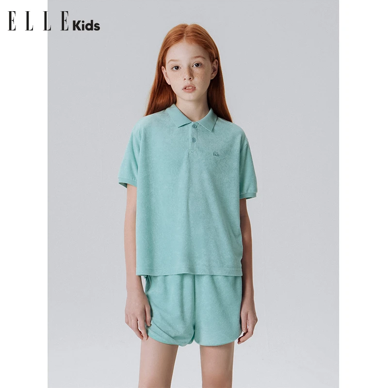 ELLE KIDS童装夏季舒适经典法式polo领绣花毛巾布短袖短裤套装A5