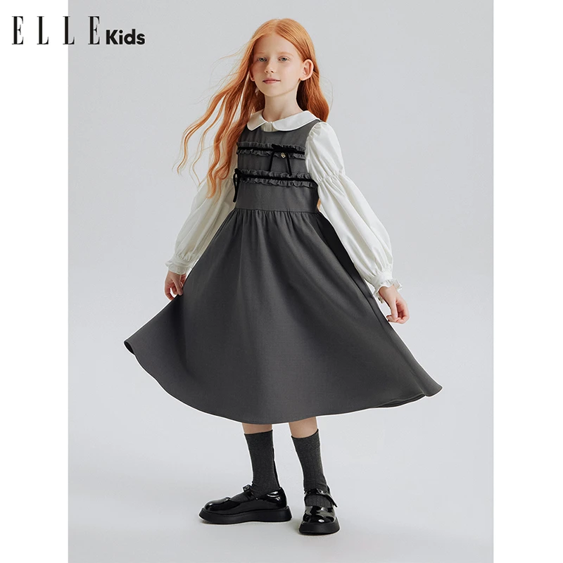 ELLE KIDS童装秋季法式礼服公主裙木耳边丝绒蝴蝶结叠穿背心裙W1