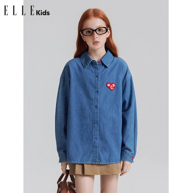 ELLE KIDS童装秋季休闲百搭时尚宽松牛仔爱心绣标衬衫Q1
