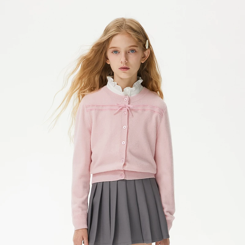 ELLE KIDS美丽奴羊毛法式毛衣开衫女童秋季蝴蝶结针织衫上衣