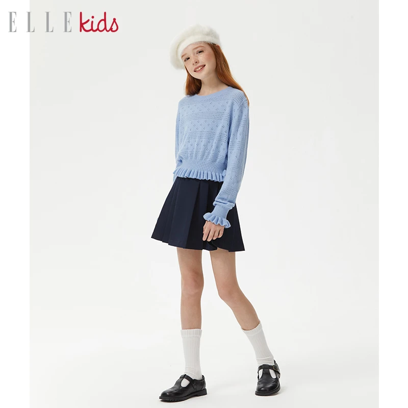 【ELLEkids】棉套头毛衣女童秋季新款荷叶边钩花圆领针织衫