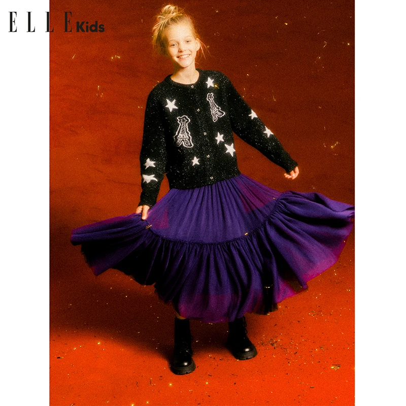 ELLEkids童装法式拼接网纱蓬蓬裙女童冬季松紧腰长款仙女半身裙D5