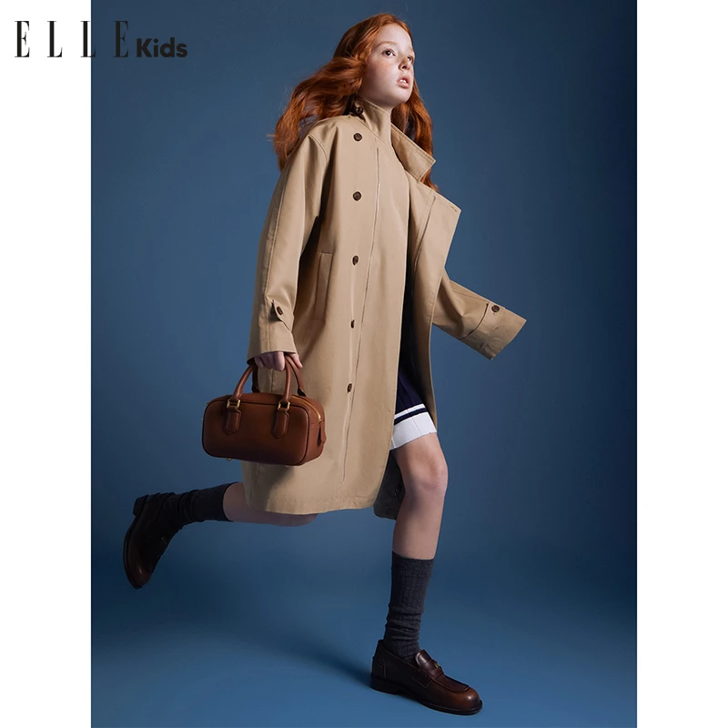 ELLE KIDS秋时尚走秀款英伦风大口袋刺绣长款风衣外套