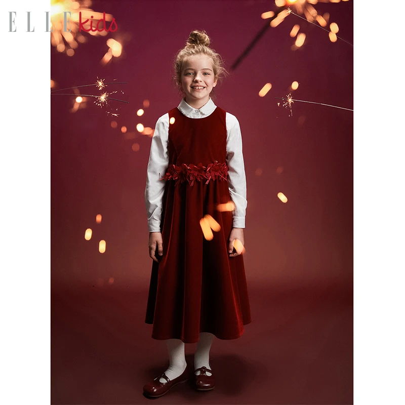 ELLEkids童装 新年party系列生日聚会平绒花朵背心裙女童连衣裙