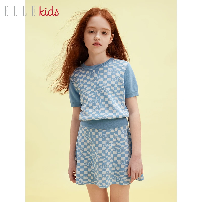 【ELLEkids】童装法式学院风棋盘格莱赛尔时尚短休闲袖女童A1撞色
