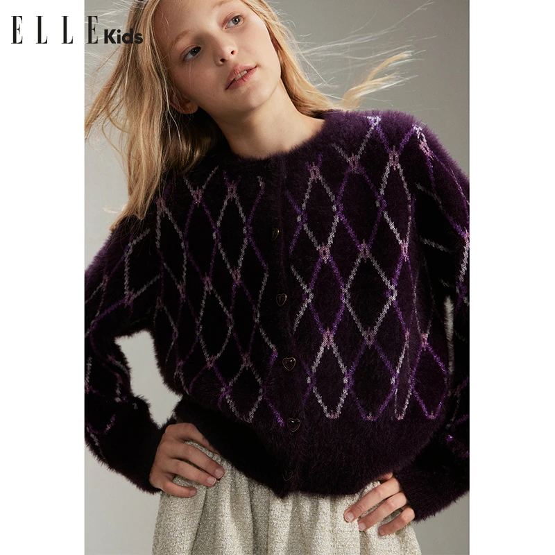 ELLE KIDS法式经典菱形格金银丝混纺小个子毛衣圆领针织开衫D1