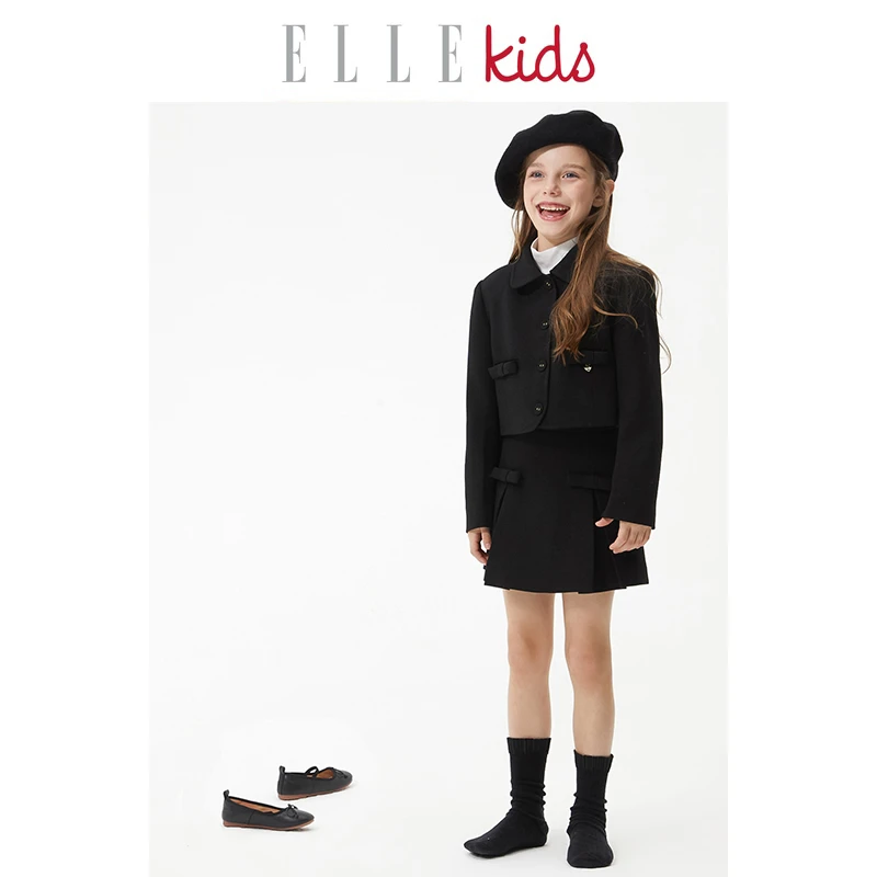 【ELLEkids】童装 法式娃娃领蝴蝶结仿羊毛斜纹西装夹克外套女童