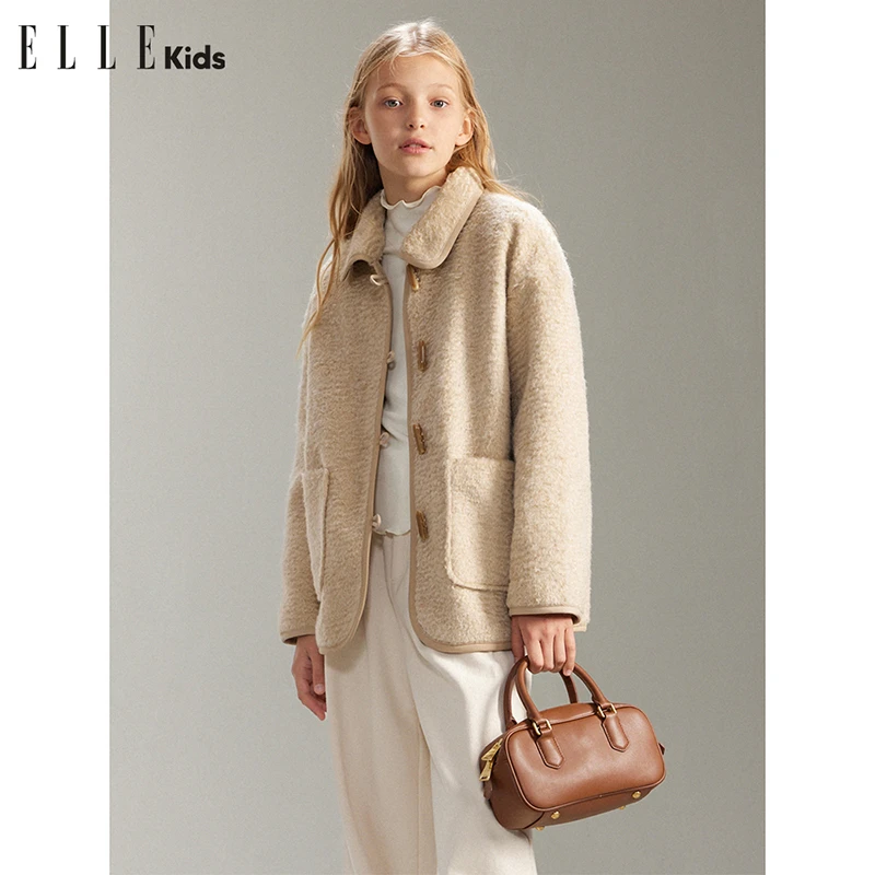 ELLE KIDS法式经典时尚宽松休闲松弛小个子翻领牛角扣外套D3