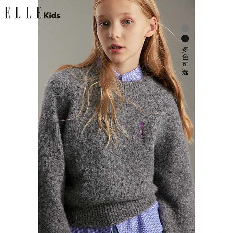 ELLEkids童装法式经典埃菲尔铁塔刺绣针织衫女童冬季灯笼袖毛衣D5