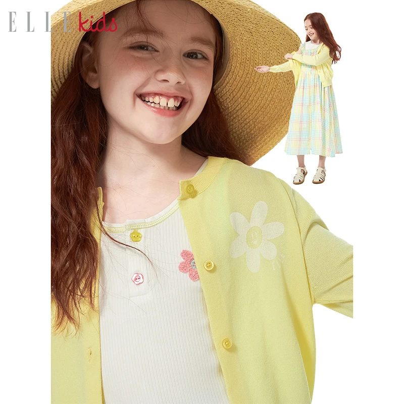 ELLE KIDS童装女童休闲莱赛冰丝百搭笑脸花朵印花空调衫开衫A1