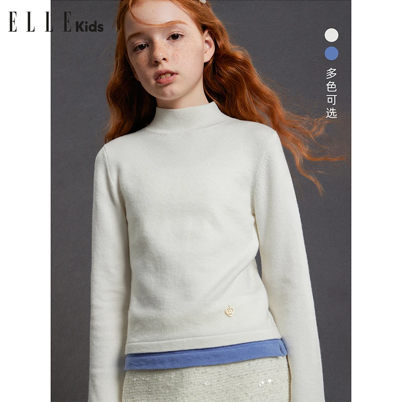 ELLE KIDS羊毛混纺小个子半高领打底衫女童秋冬季修身百搭上衣D2