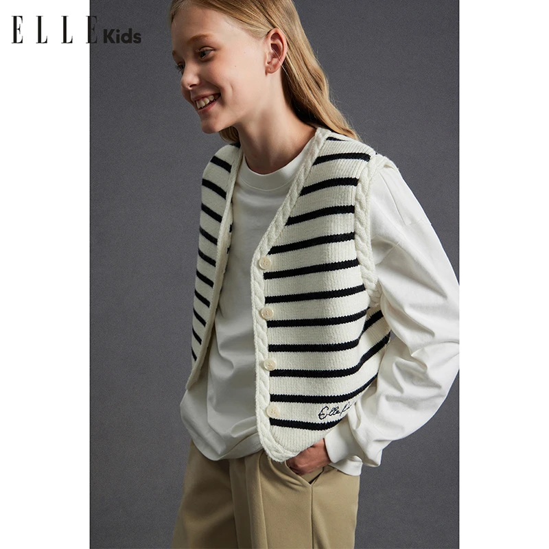 ELLE KIDS法式经典条纹羊毛混纺小个子女童秋冬季针织开衫背心D1