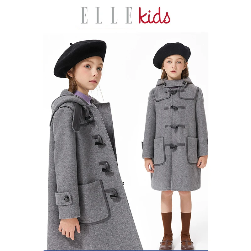 ELLEkids童装 法式经典50羊毛学院风牛角扣外套大衣女童秋季新款
